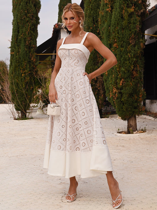 Vestido Marguerite Midi Off-White em Laise e Crepe Alfaiataria Premium | Limonada Pink