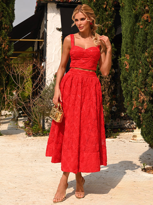 Conjunto Briana Midi Vermelho em Tule Bordado com Paetês | Limonada Pink