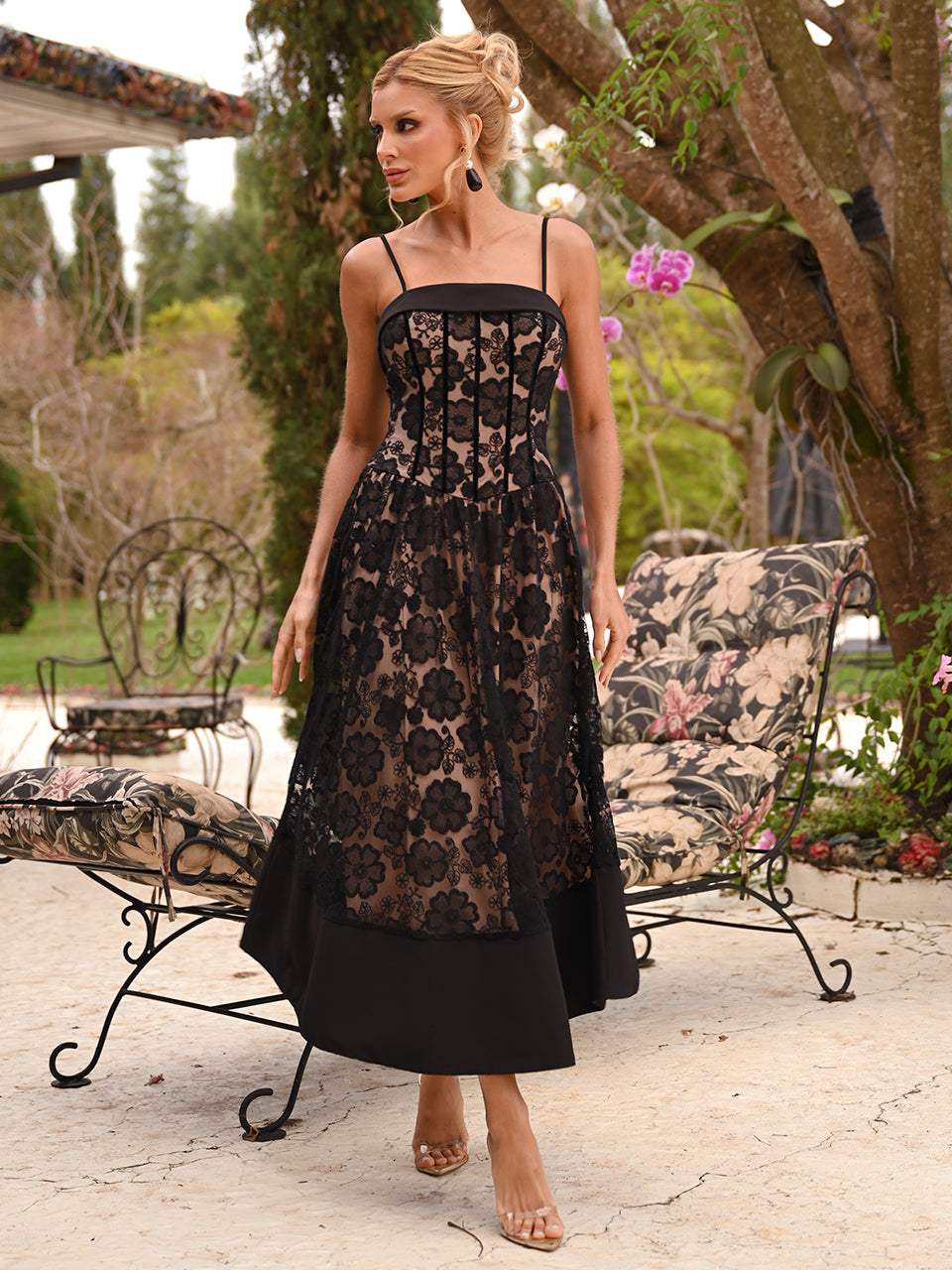 Vestido Luma Midi Preto em Tule Rendado e Crepe Alfaiataria Premium | Limonada Pink