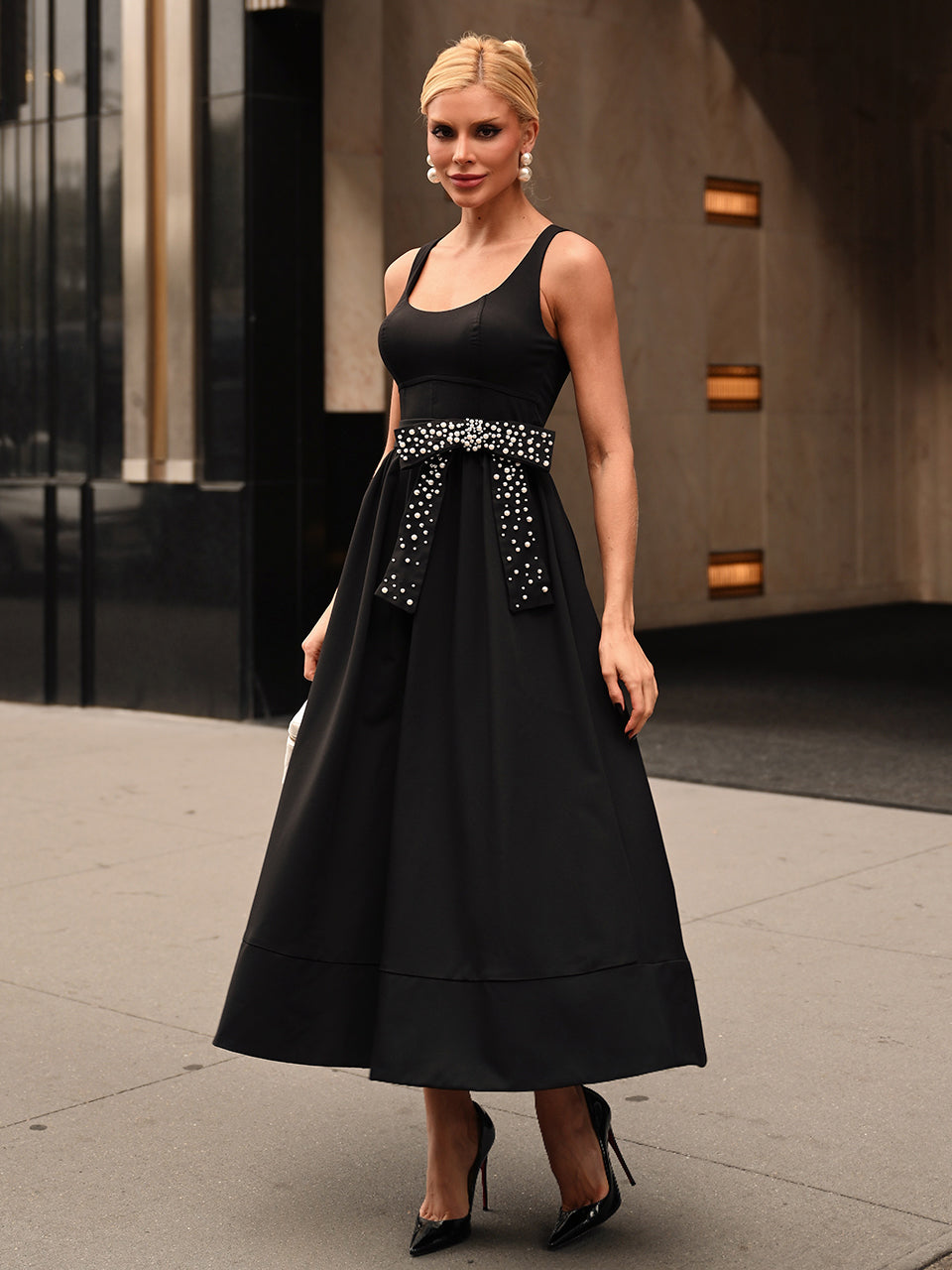 Vestido Midi Rodado Em Crepe Com Decote Redondo Lula Mae