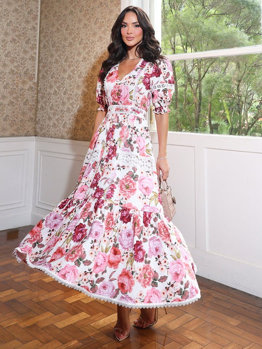 Vestido Midi Floral com Rendas e Mangas Bufantes Amalfi Bloom
