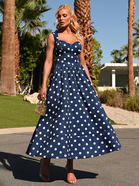 Vestido Midi Azul Navy Poá