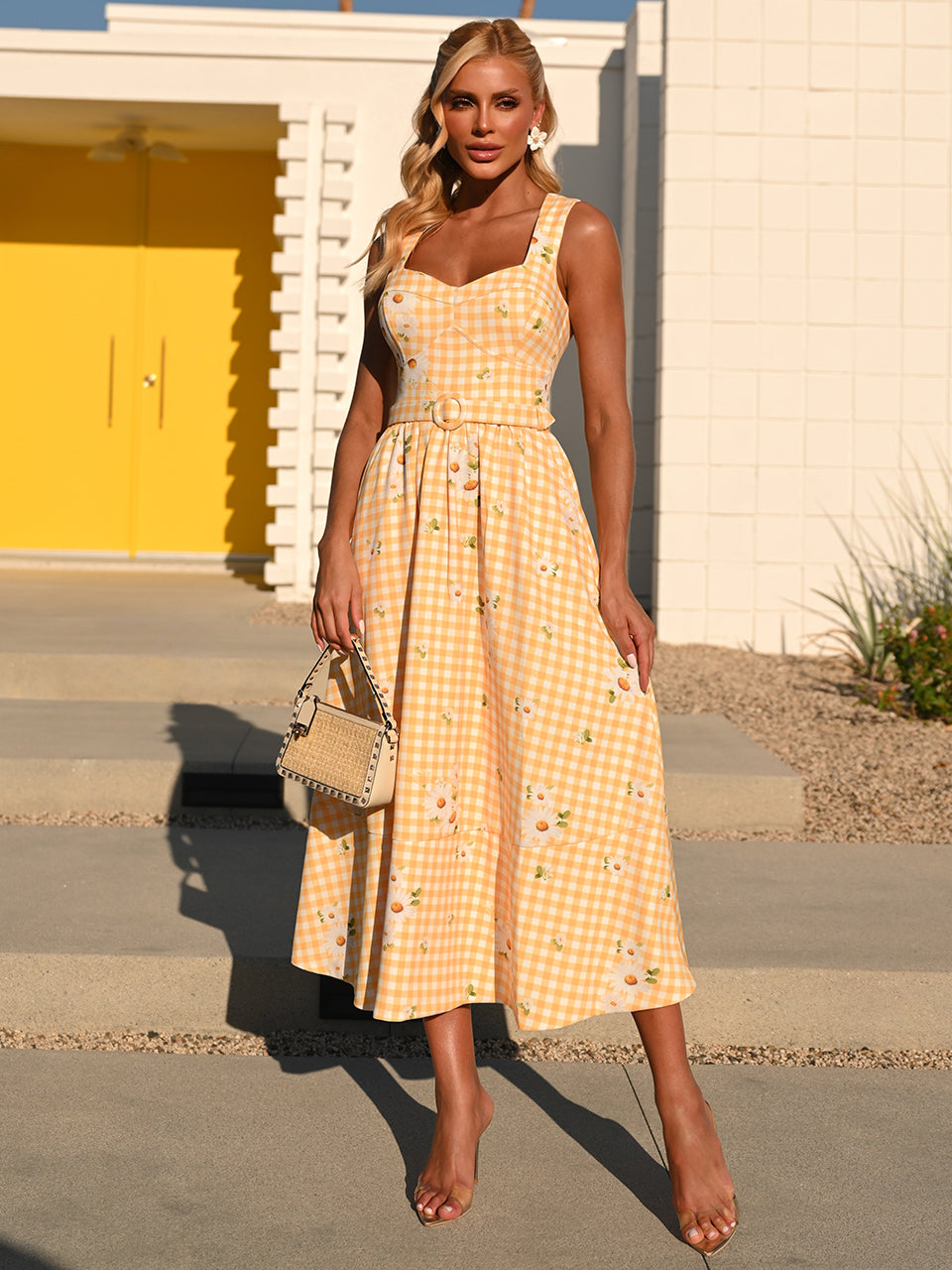 Vestido Midi Amarelo Jardim Vichy