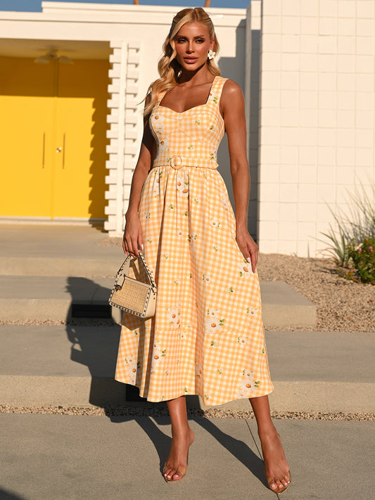 Vestido Midi Amarelo Jardim Vichy