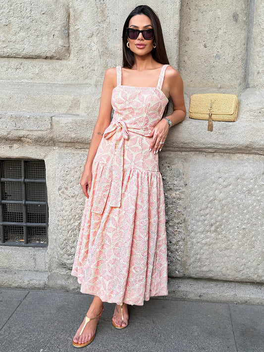 Vestido Petal Diary Midi Balonê em Tecido Telado Bege e Rosa | Limonada Pink