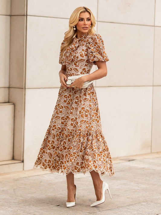 Vestido Midi de Renda Marrom Com Off-White Selene