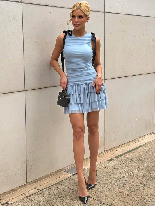 Vestido Curto Azul em Tule Drapeado Tower Bridge