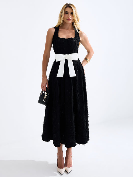 Vestido Memory Lane Midi Rodado em Malha Tweed Texturizada Preta | Limonada Pink