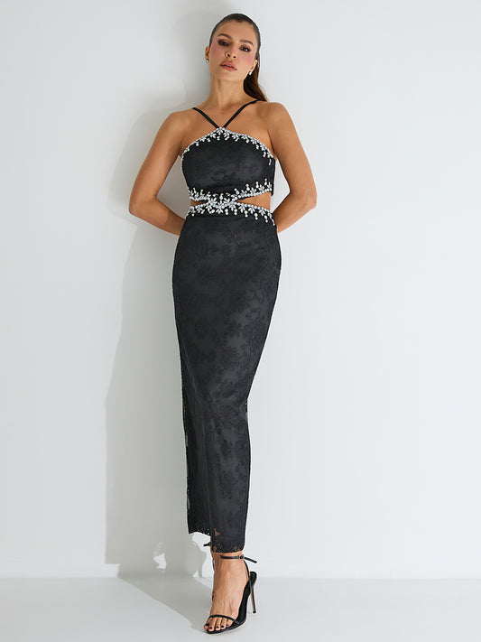 Vestido Magnetic Midi Justo em Tule Bordado Preto com Pedrarias | Limonada Pink