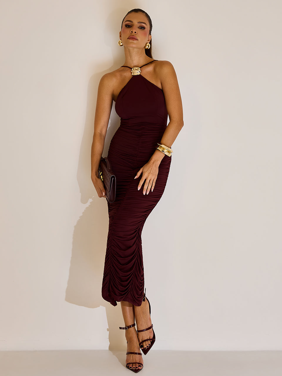 Vestido Guilty Midi Justo em Malha Vinho com Drapeado | Limonada Pink