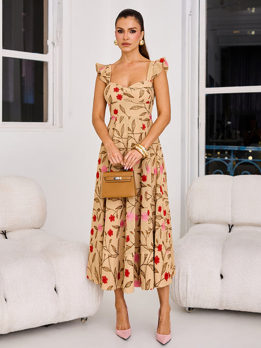 Vestido Catalina Midi Rodado em Telado Bordado Bege | Limonada Pink