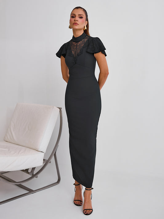 Vestido Secret Affair Midi Justo em Crepe e Renda Preto | Limonada Pink
