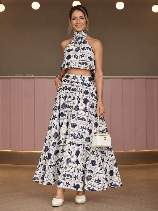 Conjunto Perle Cropped e Saia Midi de Viscolinho Bordado Off-White e Azul-Marinho | Limonada Pink