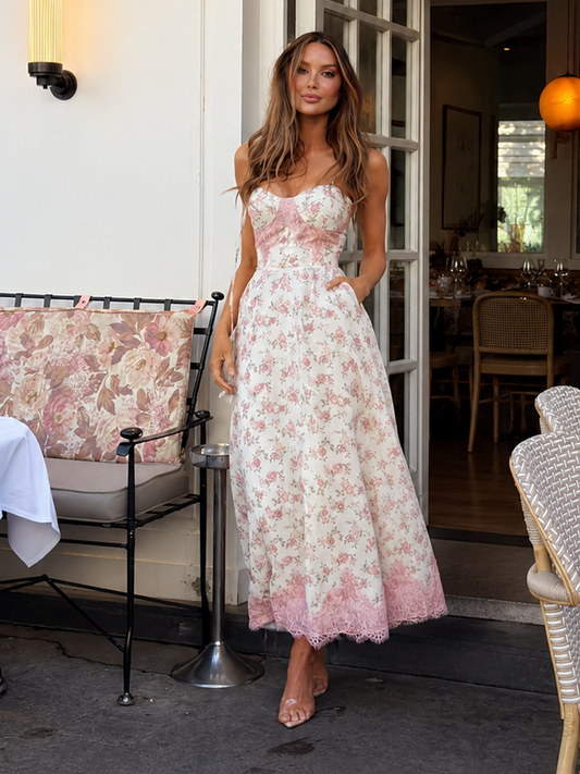 Vestido Gardenia Midi Bege Floral em Crepe Alfaiataria Premium | Limonada Pink