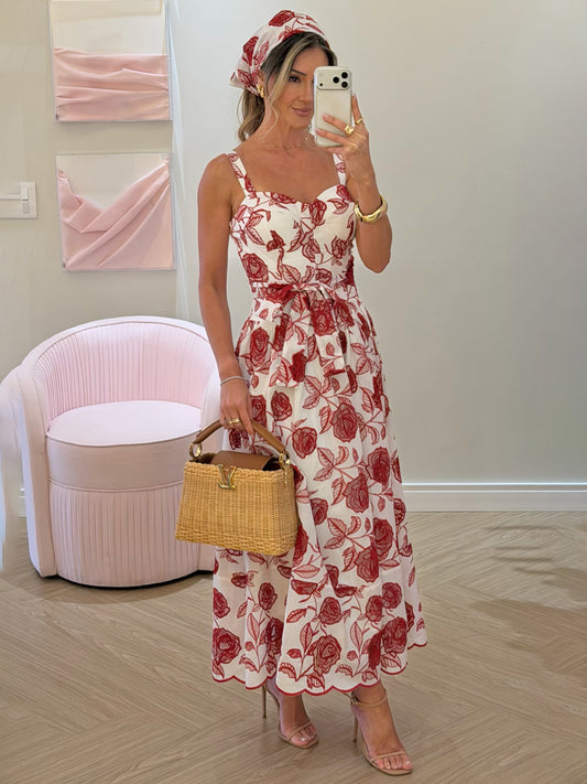 Vestido Rosalia Midi de Cambraia Bordada Off-White e Vermelho | Limonada Pink