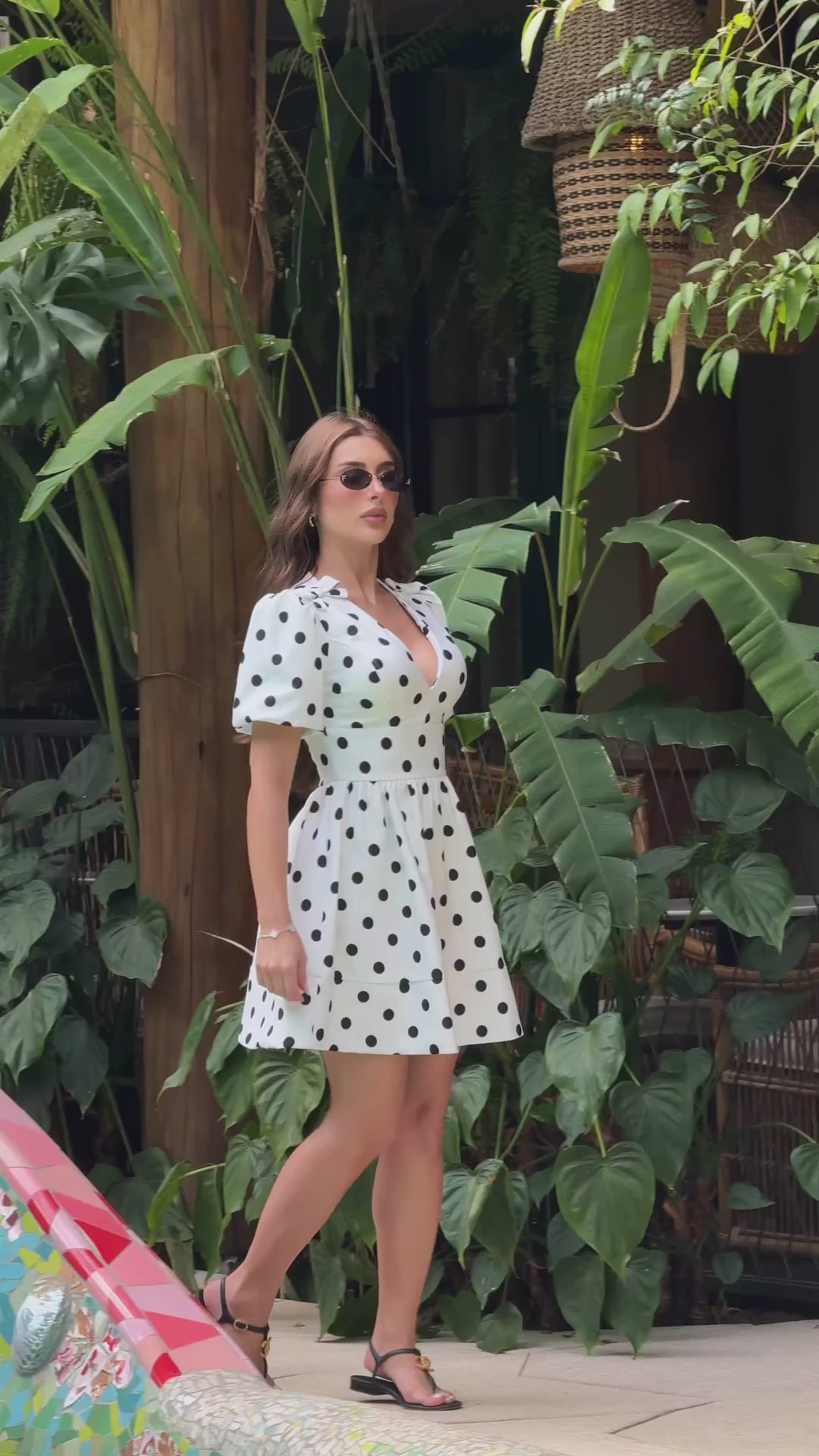 Short Off-White Dress with Black Polka Dots in Crepe Dolce Poá