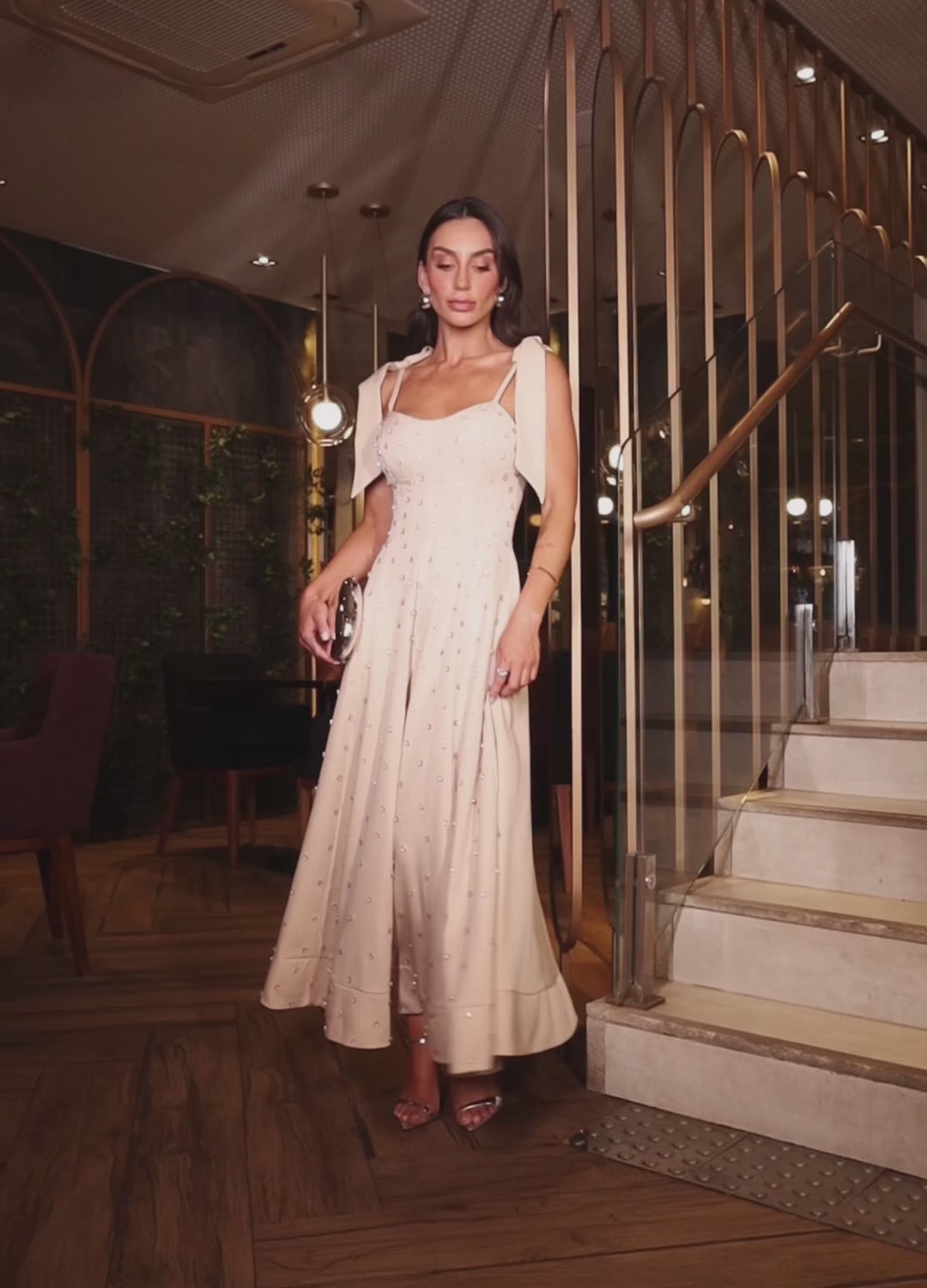 Nude Crepe Midi Dress with Thai Crystals