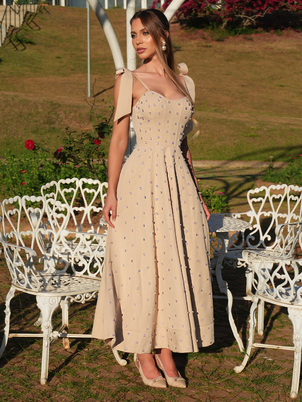 Nude Crepe Midi Dress with Thai Crystals