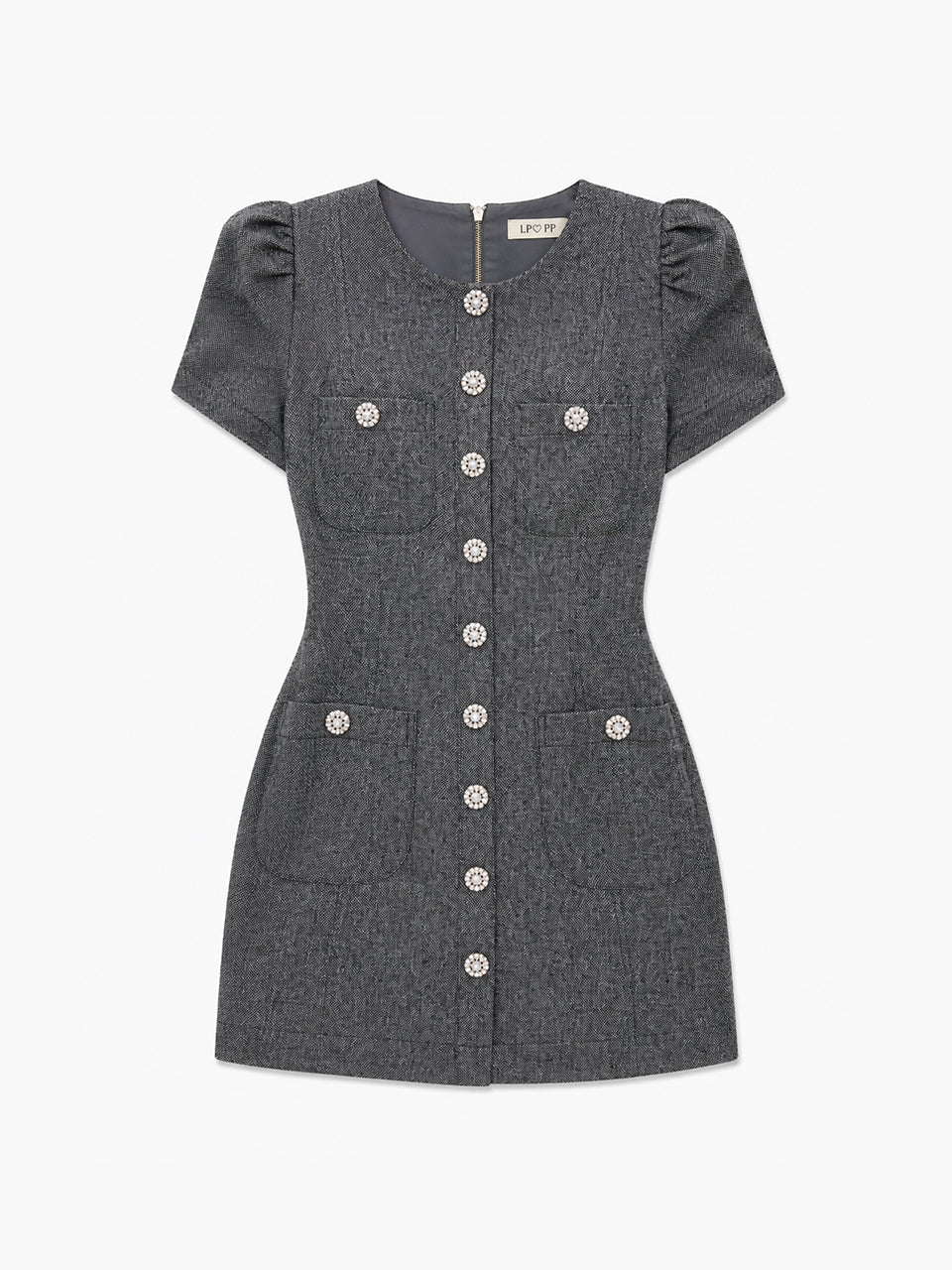 Vestido Curto Tweed Cinza com Botões Dover