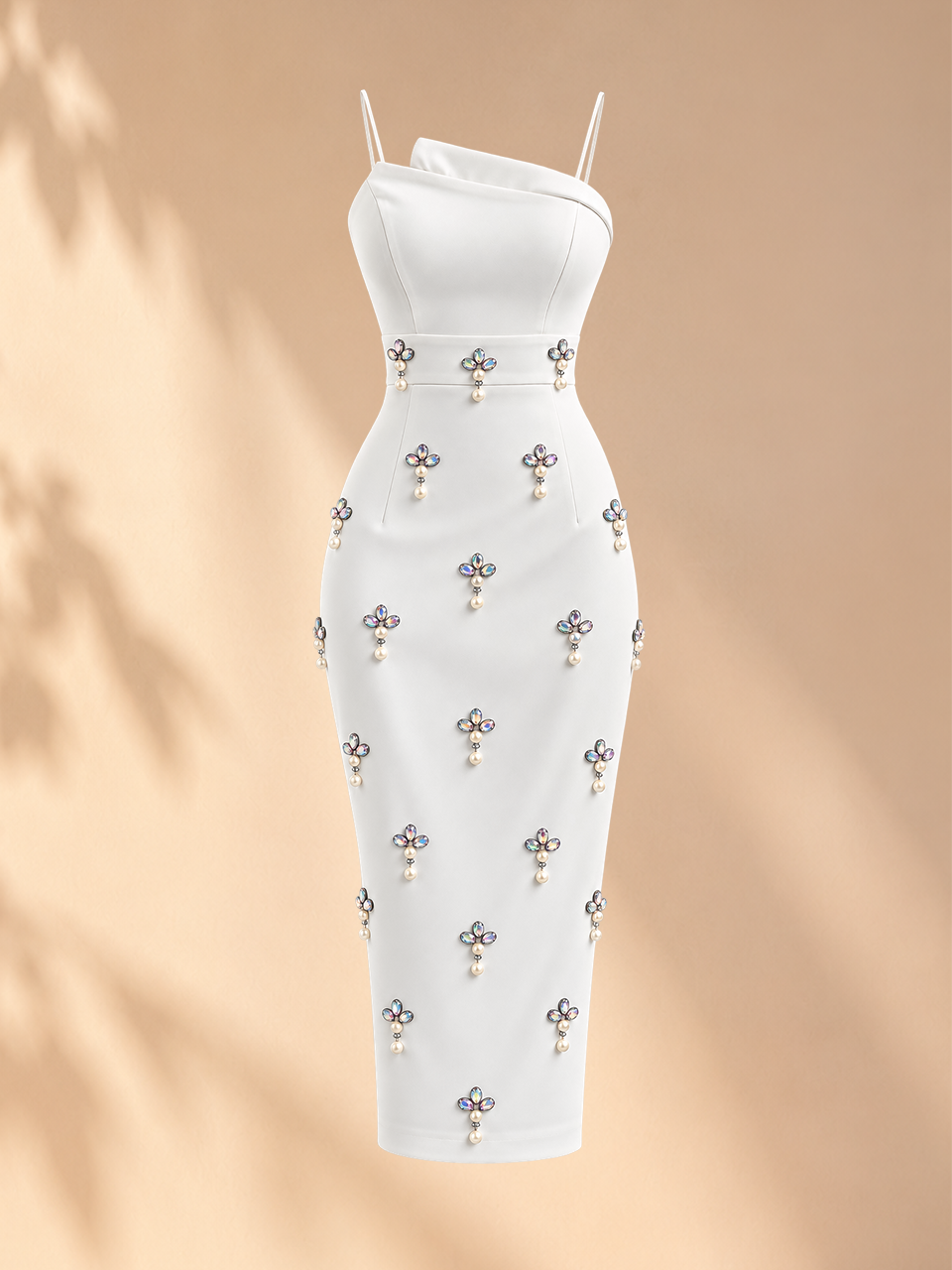 Vestido Cristal Midi Off-White em Crepe Alfaiataria Premium com Pedrarias e Pérolas | Limonada Pink