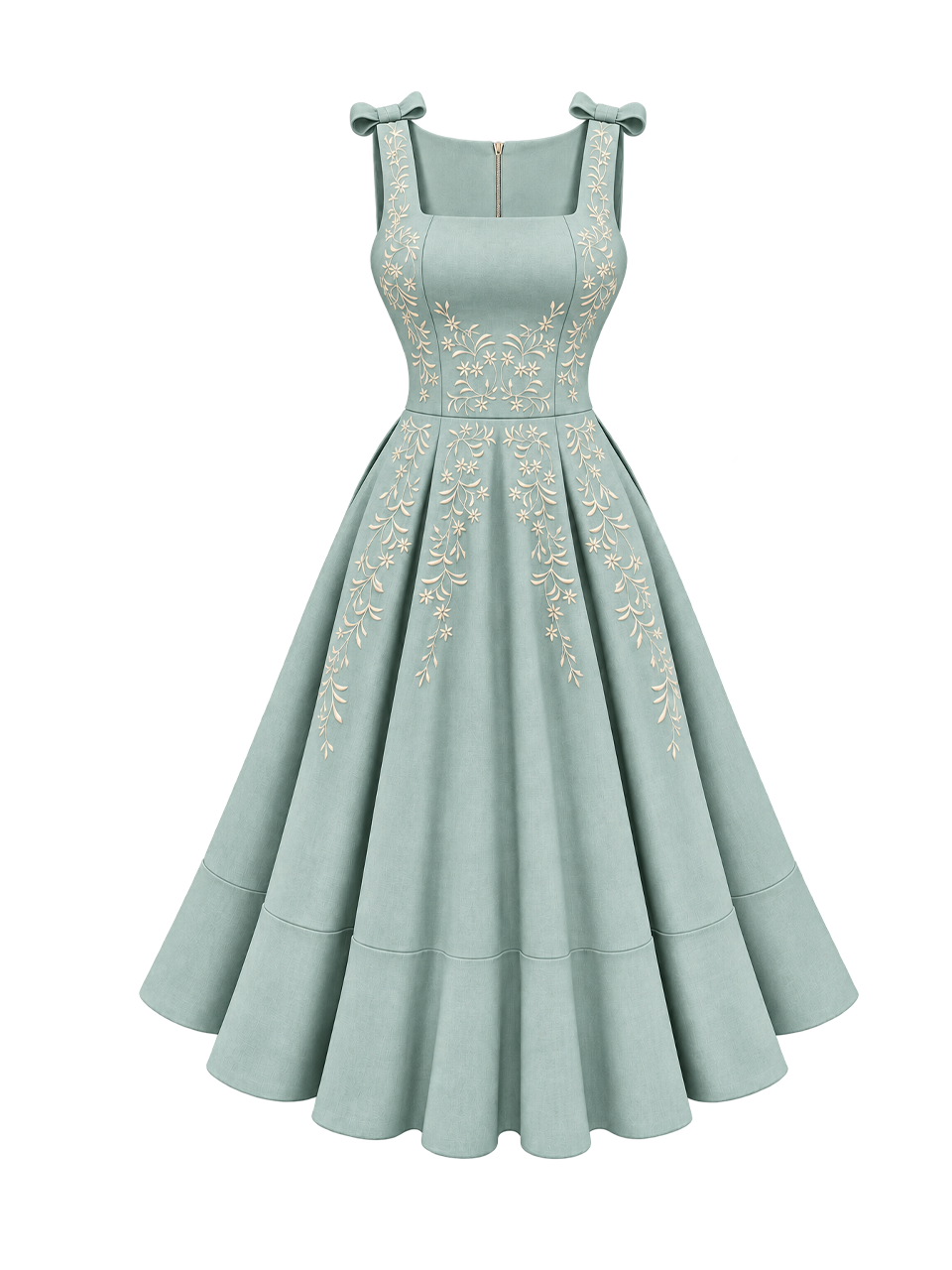 Vestido Flor de Lis Midi Verde Água em Linho Misto com Bordados | Limonada Pink