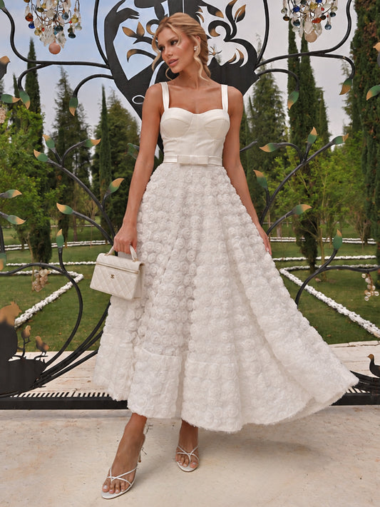 Vestido Raízes Midi Off-White em Crepe e Tule Floral 3D | Limonada Pink